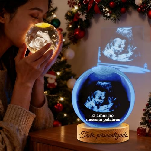 Esfera de Cristal Personalizada 3D con Foto - Bola de Navidad Personalizada con Base de Madera Grabable, Regalo Emocional para Familia, Ultrasonidos Bebé y Halloween (B-ultrasonido)
