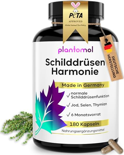 Schilddrüsen Komplex - Jod Selen Kapseln - 180 Kapseln - plantomol® | Jod Selen Komplex mit Thymian für eine normale Schilddrüsenfunktion - Selen Jod Tabletten bei Schilddrüsenunterfunktion
