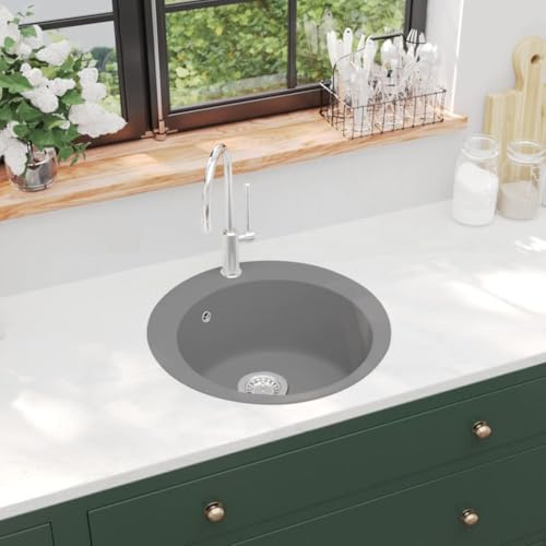 Fregadero De Cocina De Granito Redondo con Cubeta Única, 80% Cuarzo y 20% Resina, Resistente y Fácil De Limpiar, kitchen sink, Fregadero Bajo Encimera, Gris, 505x505x290 mm