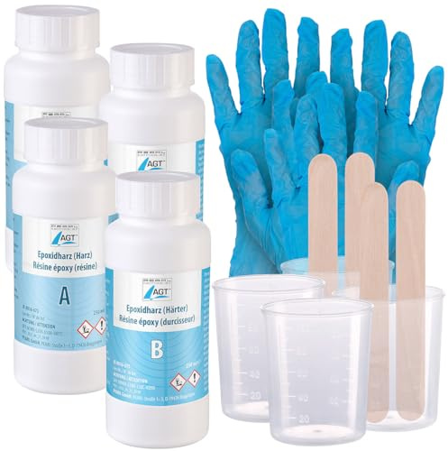 AGT Epoxykleber: 2er-Set Epoxidharz, transparent, 500 ml, inkl. Zubehör (klares Kunstharz, Laminierharze)