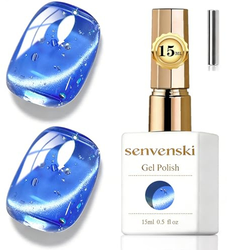 Senvenski Jelly Glass Cat Eye Gel Nail Polish with Magnet 15ML Magnetic 3D Galaxy Holographic Glitter Translucent Sheer Color Gel Polish Salon Home DIY (Ice Blue, MY1-048)