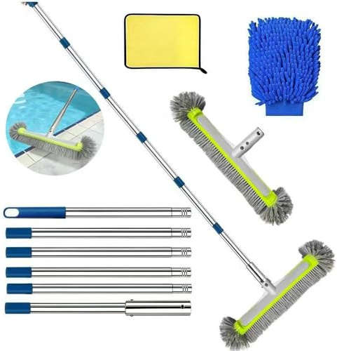 Cepillos para Piscinas 230cm, Cepillo Piscina 45cm, Cepillo para Limpiar Piscinas, Kit Piscina Limpieza, Cepillo para Limpiar Piscinas con Varilla de Acero Inoxidable.
