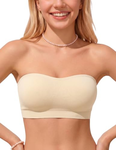 PoseFree Seamless Push Up Strapless Bra for Women Non-Slip Silicone Bandeau Bra with Fabric & Clear Straps Wireless Tube Top Nude L