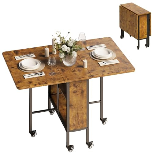 Blishom Tavolo da Pranzo Pieghevole, Tavolo da Cucina Mobile adatto per 4-6 Persone e con Scaffale Aperto, Salvaspazio Richiudibile, Ideale per Soggiorno, Cucina e Ufficio, 130x80x74 cm, Retro