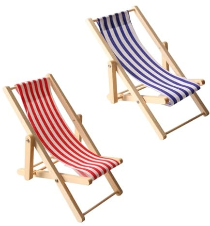 2 Stück Mini Liegestuhl Deko Klein,Miniatur Deko,Hölzerner Miniatur Liegestuhl,Puppenhaus Möbel,Mini Strandkorb Deko,Miniatur-Strandstuhl Gartenmöbel für DIY Garten Strand Mikrolandschaft (Rot+Blau)