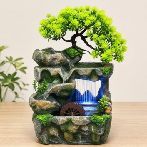 Zimmerbrunnen mit LED Farbwechsel – Tischbrunnen Wasserfall | Mit Feng Shui Rad | Leiser Springbrunnen für Wohnzimmer, Büro, Schlafzimmer | Luftbefeuchtende Deko mit Pflanze, 18x15x30 cm