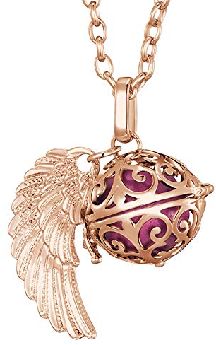 Morella Halskette Damen roségold Edelstahl 70 cm mit roségoldenem Anhänger Engelsflügel und Klangkugel rosa Ø 16 mm in Schmuckbeutel