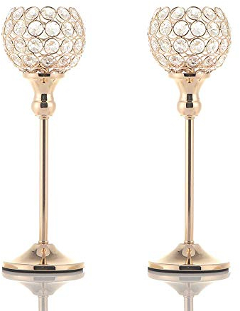 VINCIGANT Crystal Candle Holder Gold, Ornaments for Living Room, Golden Wedding Decorations, 2pcs 33cm Tall, Gift Box Package