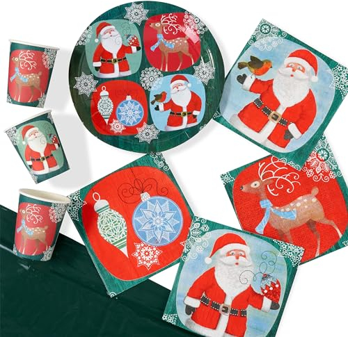 The Twiddlers - Christmas Table Set - Santa Paper Cups Plates Napkins and Tablecloth Dinnerware for Festive Xmas Party Dinner Supplies Tableware Decoration - Serves 15 Guest
