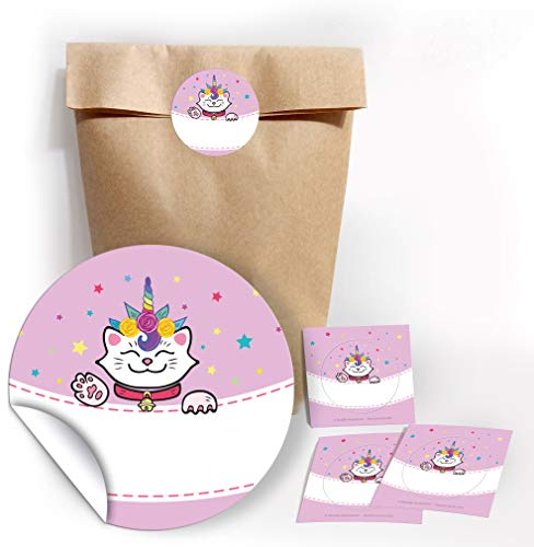 JuNa-Experten 12 Party-Tüten aus Kraftpapier mit 12 Aufkleber für Gastgeschenke Mitgebseln beim Kindergeburtstag Einhorn-Katze/Hochzeit/Geburtstag/Kinderfest/Papier-Tüten für Geschenkverpackung
