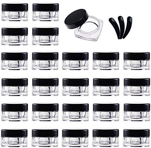 Yalbdopo 25 Pieces 5g / 5ml Empty Plastic Cosmetics Jars Travel Container Sample Pots with Black Screw Lids for Cream, Powder, Makeup Storage, Includes 3 Pack Mini Spatula