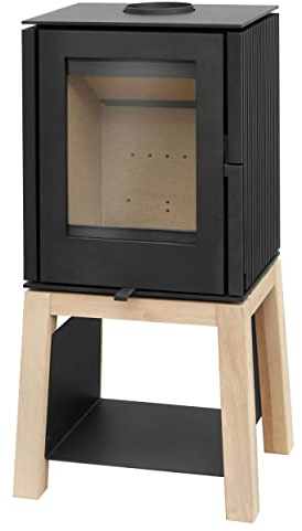 Schmitzker Cuby Kaminofen 6,4 kW, Schwarz, Eichenholzsockel, externer Zuluftanschluss