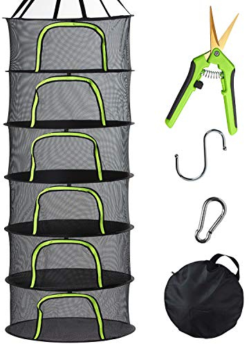 ATUIO S912 PROTITOUS 6 Tier Black Mesh Zippered Herb Drying Rack Hanging Dryer Dry Net with Pruning Shear for Hydroponics, Bonus Hook.