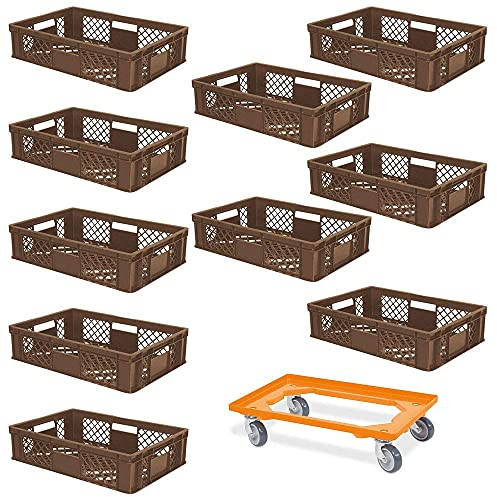 BRB 10 Eurobehälter, LxBxH 600x400x150 mm, Industriequalität, lebensmittelecht + 1 Transportroller mit Deck aus bruchsicherem ABS-Kunststoff (braun/orange)