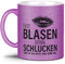Tassendruck Glitzertasse - Erst Blasen dann Schlucken - Zweideutig, Kollegin, Freundin, Sexy-Tasse mit Spruch, Glitter - Hochwertige Keramik, Lila, 300 ml