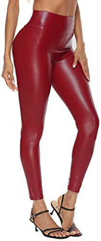 Damen Lederhose Kunstleder High Waist Leggings Sexy Stretch Skinny Leggings Hohe Taille Hose Latex Lack Catsuit Wetlook Schlank Hüfthosen Strumpfhosen (4XL,Weinrot)