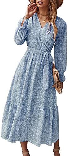 ASOMI Kleid Damen Sommer Boho: Blumen Herbst Wickelkleid Frühling Mode Lang Maxikleid V-Ausschnitt Casual Langarm Strandkleid Rüschen Freizeitkleid mit Gürtel 211 Hellblau 40