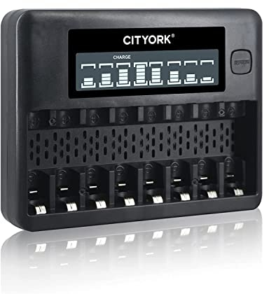 CITYORK 8-bay AA AAA battery charger with LCD display, USB fast charge and independent slot for rechargeable NI-MH NI-CD batteries