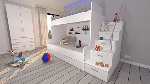 Furniture Just4U Modern Double Triple Bunk Bed Cabin Bed Storage High Sleeper Bed Mattresses Included Stairs Bedroom Boy Girl Youth Child EDEN 2 (White)
