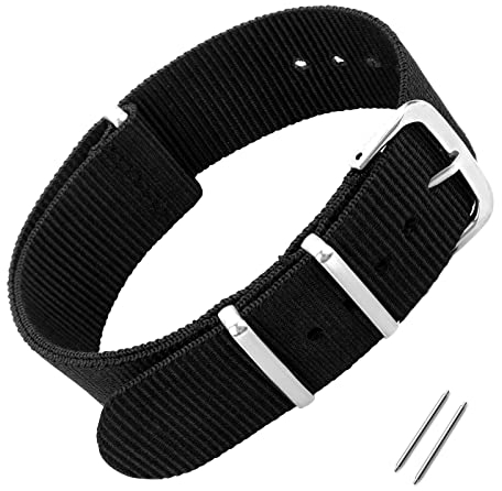 Cobee Uhrenarmband aus Nylon, Armbänder für Männer und Frauen Ersatz Militärarmband mit 4 Ringen Armband Uhrenarmbänder Schwarze Uhrenarmbänder mit silberner Metallschnalle (18mm, Schwarz)