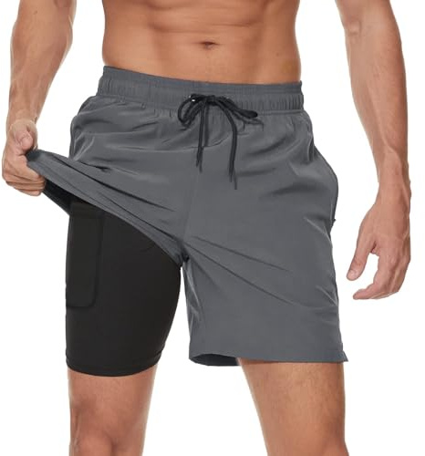 Arcweg Men's Swim Trunks Mens Swimming Shorts with Compression Liner Quick Dry Stretchy 2 in 1 Board Shorts with Zipper Pockets
