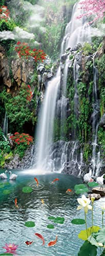 A.Monamour Sticker Porte Autocollant Poster De Porte 3D Cascade Avec Des Poissons Dans Un Paysage Naturel D'Étang Vinyle Affiche De Porte Sticker Mural Papier Peint Art Décor 77 x 200 cm
