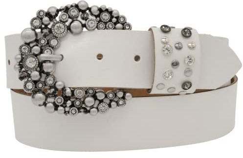 AnnaMatoni Damen Leder Gürtel weiches Rindsleder 3mm stark mit Hochwertiker Strassstein Schließe 4cm breit Damen Ledergürtel (weiß 100, TW115 - Gesamtlänge 130cm)