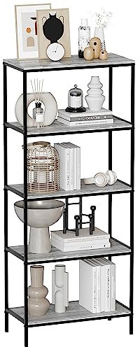 Vida Designs Brooklyn Bookcase Wooden Shelving Shelf Storage Display Shelves Unit Industrial Rustic Furniture (Grey, 5 Tier)