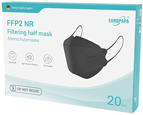 EUROPAPA® 40x FFP2 Fisch-Form Schwarz Masken Atemschutzmaske Staubschutzmasken hygienisch einzelverpackt Stelle zertifiziert EN149 Mundschutzmaske EU2016/425