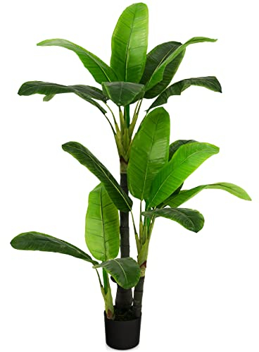 COSTWAY Plante Artificielle de 150CM en Plastique, Fausse Plante de Palmier Tropical avec 18 Grandes Feuilles, Pot en Ciment, 2 Mousse, pour Bureau, Maison, Jardin