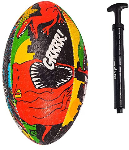 Optimum Rugby Ball - Balanced and Responsive for Accurate Handling and Kicking - Perfect for Training and Gameplay - 2-Ply 410g - Dino City - Size 3 - With Pump