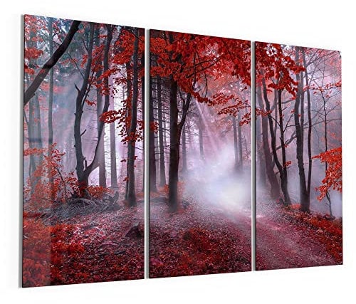 DEQORI Glasbilder Acrylglas | Motiv Roter Blätterwald | horizontal 3-teilig 150x100 cm | große XXL Deko | Wandbilder für Wohnzimmer, Schlafzimmer, Flur & Küche | moderne Wanddeko