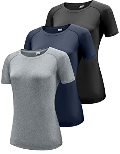 3er Pack Sport T-Shirt Damen, Fitness Sport Shirt Kurzarm Oberteile, Rundhals Funktionsshirt Laufshirt für Frauen, Workout Tops, Gym Yoga Shirt Damen, Kurzarm Trainingsshirt Black/Navy/Hgrey 3P13-M
