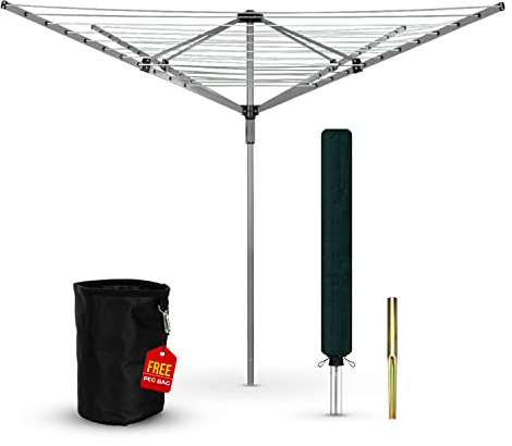 Heavy Duty Rotary Washing Line Outdoor, 4 Arm 50M Washing Line Rotary with Peg Bag, Metal Ground Spike, and Cover Included, Rotary Clothes Lines for Outside, Whirlygig Clothes Airer Outdoor