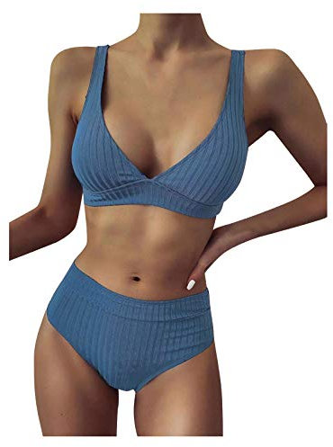 Bikini Damen Set Triangel Breites Unterbrustband Gerippte Bademode Zweiteiliger Badeanzug Gepolstert Push Up Bikini Bademode Strandmode Sportlich High Waist Bikini-Sets für Damen Swimsuit Beachwear