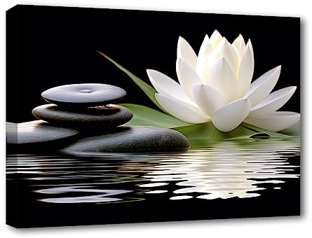 LZIMU Zen Leinwandbilder weißer Lotus und schwarze Zen Steine blühen im Wasser Bilddrucke für Yoga Spa Meditation spirituelle Raumdekoration (Zen-1,(40.00 x 60.00 cms))