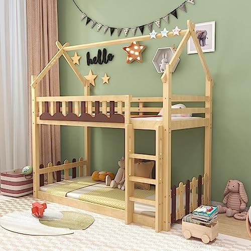 ZYLOYAL10 Etagenbett, Hausbett mit Treppe und Zäune, Kinderbett mit Fallschutz und Gitter, Rahmen aus Kiefer, Natur (90x200cm)