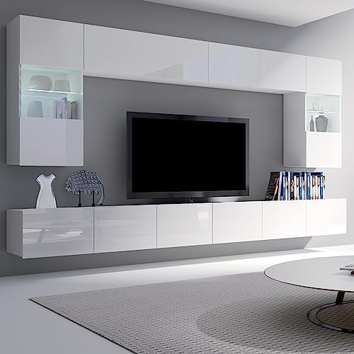 Lomadox Wohnwand Anbauwand weiß Hochglanz 6-teilig Modern, mit 2 TV-Lowboards, 2 Hängevitrinen mit Beleuchtung, 2 Hängeschränke