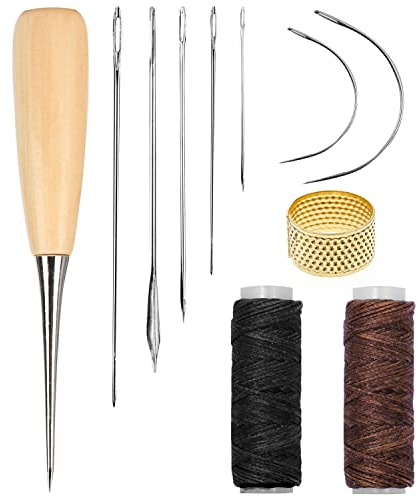 Kit de costura de cuero de 11 piezas, aguja de coser de cuero con hilo encerado de cuero de 12 m, kit de reparación de cuero con punzón de perforación de cordón y dedal, agujas de cuero para coser a
