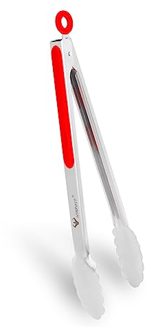 WINPOST Pince de cuisine en acier inoxydable de 34 cm, poignée antidérapante résistante à la chaleur – Idéale pour la cuisine, la salade, les grillades et les barbecues (34 cm, rouge)