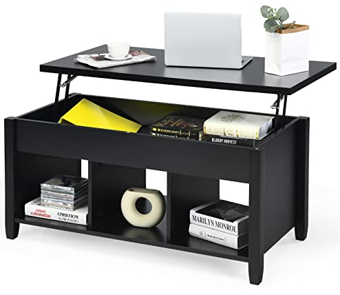 COSTWAY Lift Up Top Coffee Table, Wooden Lifting Cocktail Center Table with Hidden Compartment & 3 Open Storage Cubes, Rectangular Accent Sofa Side Tea Table for Living Room (Black)