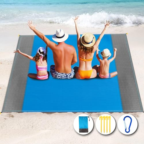 BELEVO Stranddecke Sandfrei, Strandmatte Picknickdecke Groß 210 x 200 cm Wasserdicht Campingdecke Leicht Tragbar Strand Zubehör für Strandurlaub, Camping, Picknick (Blau/Grau)