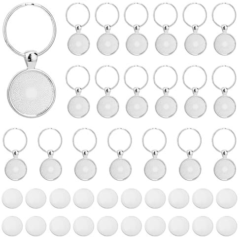 DICOSMETIC 20 Sets Keychain Pendant Tray 20mm Platinum Alloy Cabochon Keychain Blanks with Keyring DIY Keyring Making kit for Photo Resin Personalized Crafting