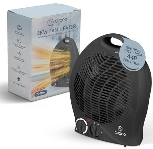 CUQOO 2KW Fan Heater and Cooler Black - Variable Thermostat & 2 Heat Settings, Low Energy Usage 2-in-1 Portable Electric Quiet Heater and Cooler for Home