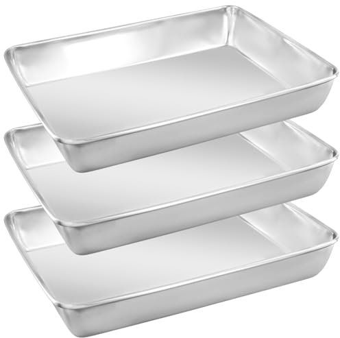 HEIHAK 3 Pack 36 x 28 x 5.5cm Rectangle Stainless Steel Baking Trays, Silver Deep Baking Trays, Cookie Oven Tray for Cake, Cookie, Pizza, Meat, Vegetables, Desserts