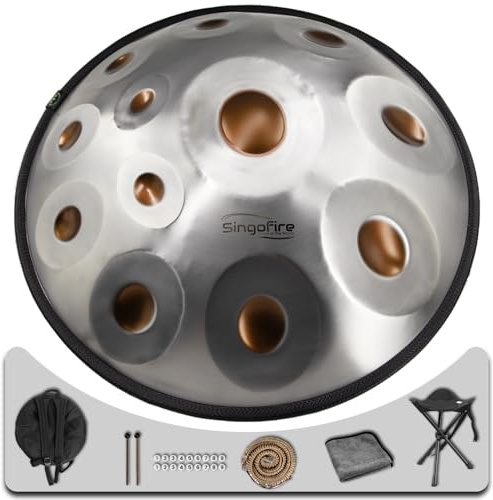 SINGOFIRE Handpan-Trommel mit 12 Noten, Handpan-Trommel für Erwachsene, 55,9 cm, 440 Hz, D-Moll, Kurd-Instrument mit weicher Handpan-Tasche, 2 Schlägel, Handpan-Ständer und staubfreies Tuch (Goldauge)
