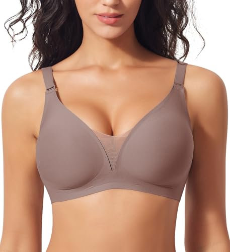 Ganado Modischer Mesh BH Damen Nahtloser BH ohne Bügel Bequem BHS Tiefem V-Ausschnitt Bügellos BHS Soft Bra Gepolstert Bralette (Braun, M)