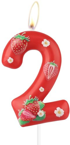 mciskin Strawberry Birthday Candles,Berry 2nd Birthday Decorations,Red Number 2 Candles for Cake,Girls Boys 2nd Birthday Decorations,Red Strawberry & Berry Themed Party Supplies for Fruit Cake Décor