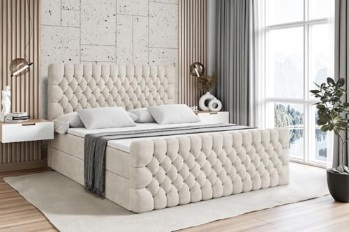 ALTDECOR Boxbett mit H4-Matratze Serene-Z - 160x200 - Beige | Lattenrost, Topper, Boxspringbett mit Bettkasten, Bett mit Stauraum, Doppelbett, Polsterbett