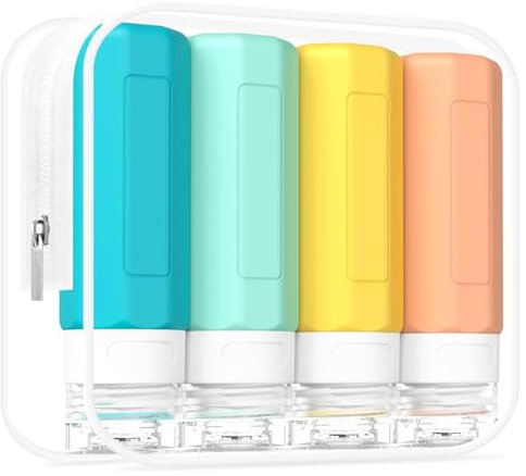Redfly 4 Pack Silicone Travel Bottles for Toiletries, Leak Proof Refillable TSA Approved Squeezable Travel Containers for Shampoo, Conditioner, Lotion - BPA Free with Clear Bag & Labels（Colorful）